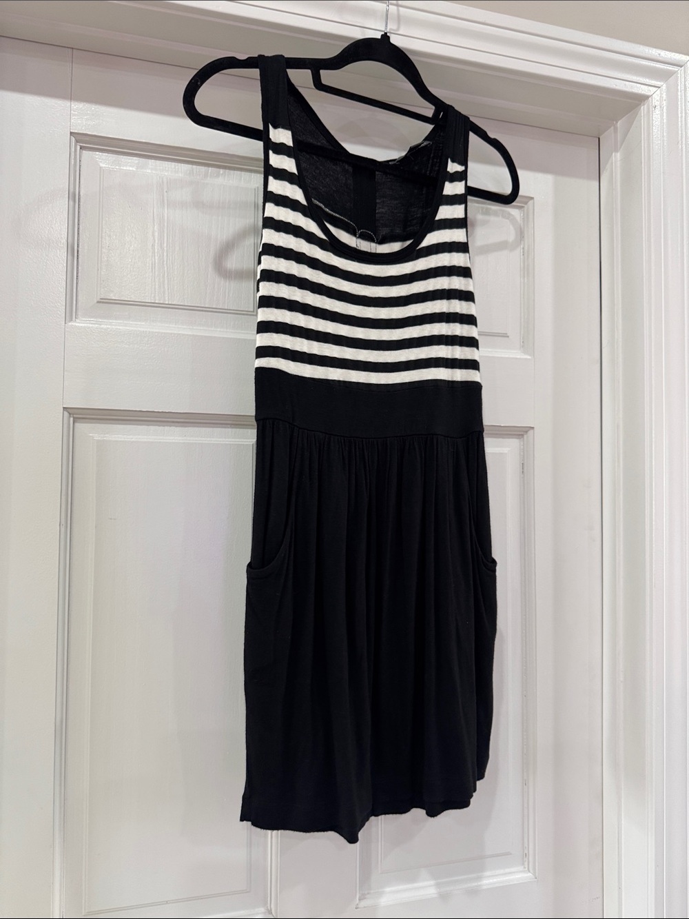 2010s Forever 21 Black and White Striped Tank Dress w/ Pockets and zippered back